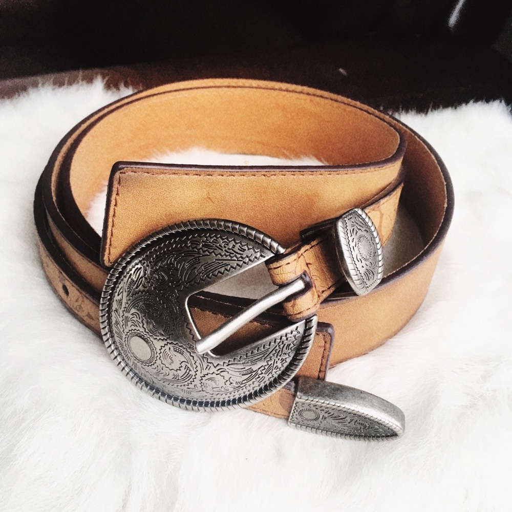 Leather Western Concho Belt Buckle Silver Floral